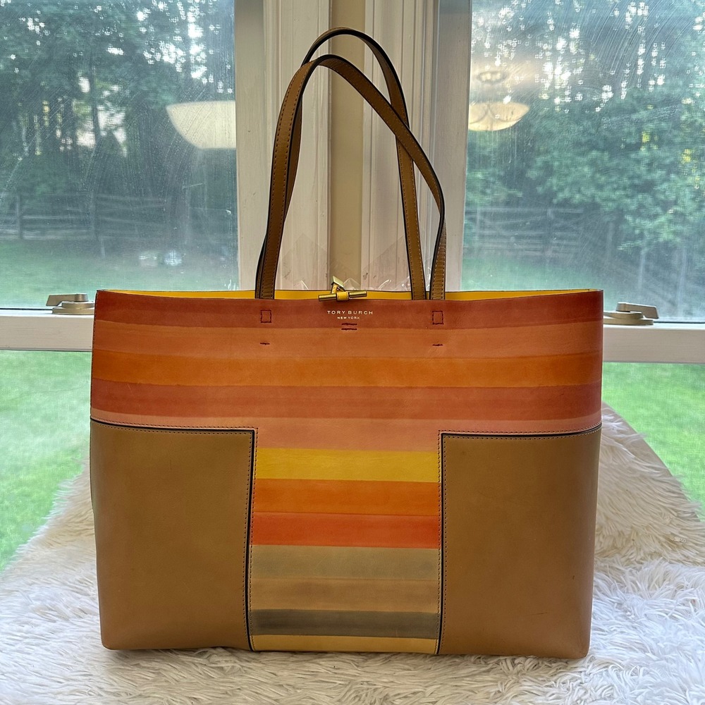 Tory Burch Striped Multicolor Leather Tote with Tan Panels